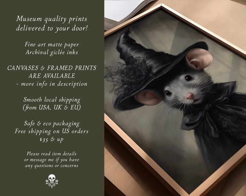 May include: A framed painting of a mouse wearing a black witch's hat and a black bow tie. The mouse is looking directly at the viewer. The painting is set against a light brown background. The text "Museum quality prints delivered to your door!" is visible in the upper left corner of the image.