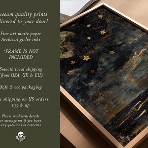 May include: A framed print of a dark blue and gold abstract painting with a moon and stars. The text "FRAME IS NOT INCLUDED" is printed below the image.