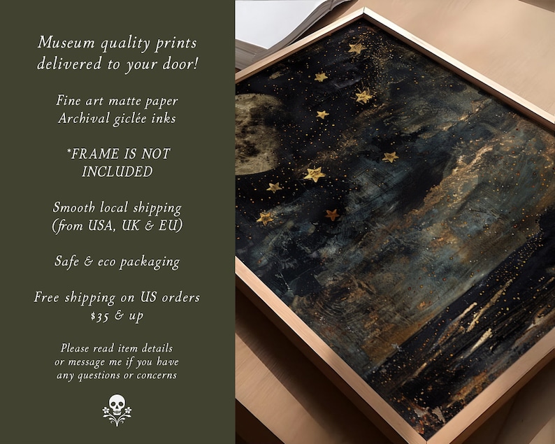 May include: A framed print of a dark blue and gold abstract painting with a moon and stars. The text "FRAME IS NOT INCLUDED" is printed below the image.