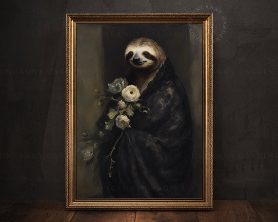 Romantic Gothic Sloth Art Print, Vintage Style Animal Wall Art, Dark Academia Decor, Moody Aesthetic Art, Gothic Mother's Day Gift AD06