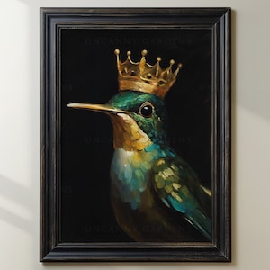 May include: A painting of a hummingbird wearing a gold crown. The hummingbird is green and blue with a black background. The painting is framed in black.