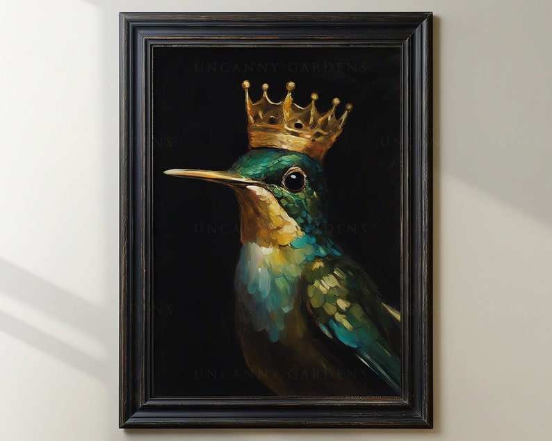 May include: A painting of a hummingbird wearing a gold crown. The hummingbird is green and blue with a black background. The painting is framed in black.
