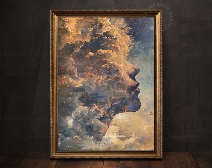 Celestial Dreams, Retro Surreal Art Print, Head in the Clouds, Vintage Style Oil Painting, Romantic Bedroom Decor, Abstract Sky Art M28