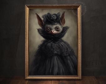 Gothic Bat Art Print, Cute Bat Wall Art, Halloween Bat Decor, Victorian Animal Painting, Dark Academia, Whimsical Animals, Victorian Bat 257