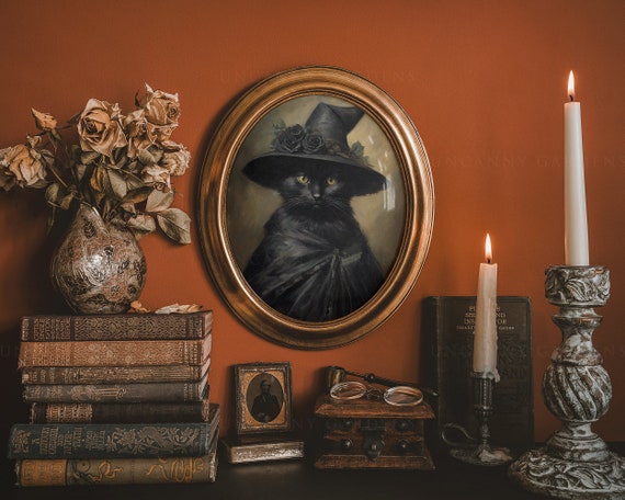 Black Cat Witch Art Print, Witchy Room Decor, Dark Cottagecore Print, Dark Academia, Gift for Witch, Anthropomorphic Animals Decoration AD36