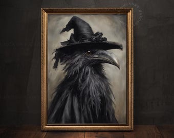 Halloween Raven Magician Art Print, Gothic Home Decor, Dark Academia Print, Dark Cottagecore, Edgar Allan Poe, Raven Witchy Goth Decor 239