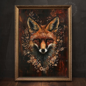 Floral Fox Print, Dark Cottagecore Decor, Fox Lover Gif, Dark Academia Art, Dark Moody Prints, Vintage Animal Wall Art, Gothic Home Decor A3