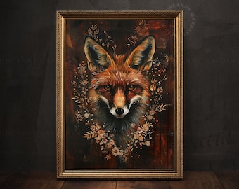Floral Fox Print, Dark Cottagecore Decor, Fox Lover Gif, Dark Academia Art, Dark Moody Prints, Vintage Animal Wall Art, Gothic Home Decor A3
