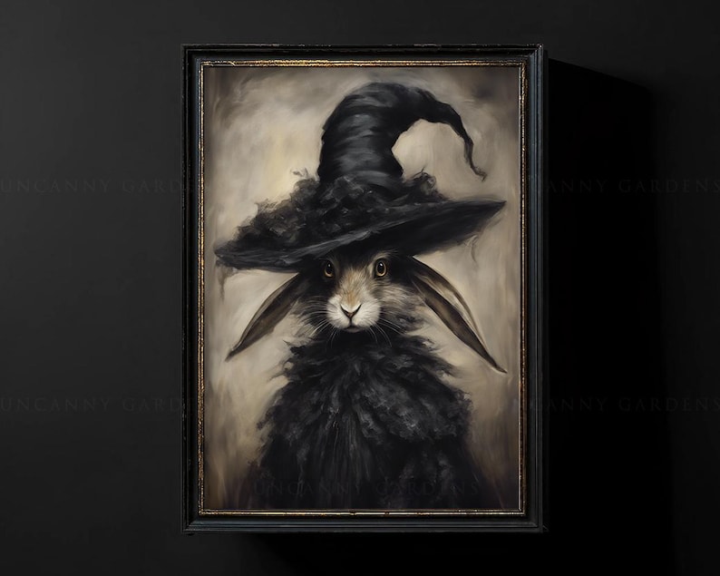 May include: A black rabbit wearing a black witch's hat with a wide brim. The rabbit has a fluffy black coat and large, dark eyes. The background is a soft, light brown.