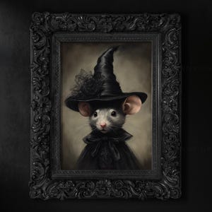May include: A framed painting of a gray mouse wearing a black witch's hat and a black cloak. The mouse has a serious expression and is looking directly at the viewer.