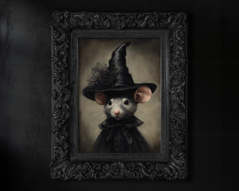 May include: A framed painting of a gray mouse wearing a black witch's hat and a black cloak. The mouse has a serious expression and is looking directly at the viewer.