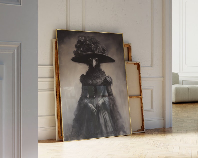 May include: A framed black and white portrait of a bird-like figure in a Victorian-era dress and hat adorned with roses. The artwork has a vintage aesthetic, with a gold frame and a soft, blurred background. The figure has a beak and is wearing a wide-brimmed hat.