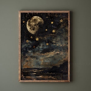 May include: A framed painting of a full moon with gold stars on a dark blue and green background. The moon is in the upper left corner of the painting and the stars are scattered across the sky. The background is a dark blue and green with hints of gold.