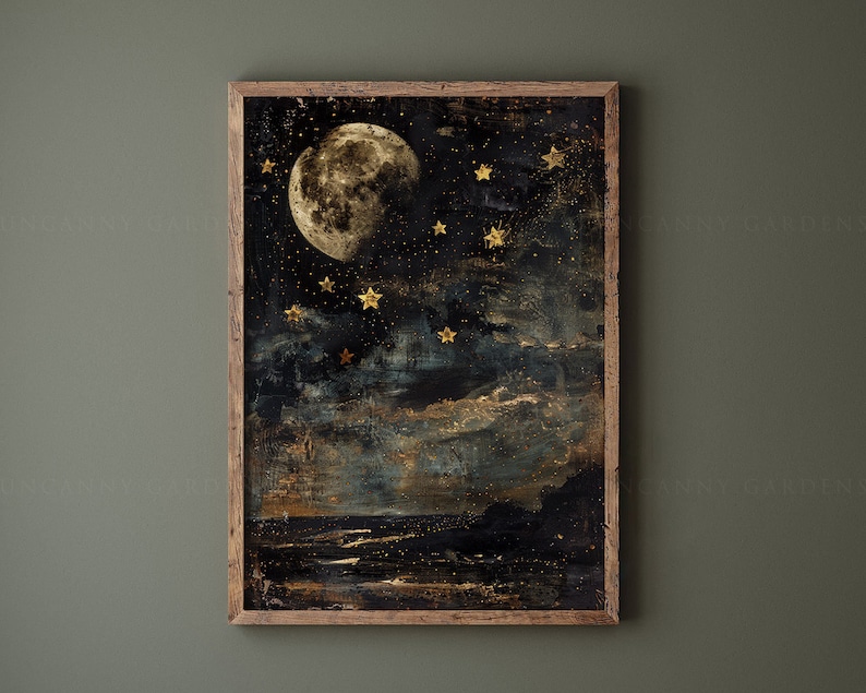 May include: A framed painting of a full moon with gold stars on a dark blue and green background. The moon is in the upper left corner of the painting and the stars are scattered across the sky. The background is a dark blue and green with hints of gold.