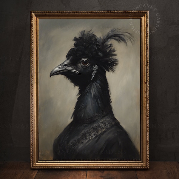 Miss Black Hen Gothic Portrait, Victorian Bird, Dark Art Prints, Vintage Moody Art Print, Goth Aesthetic Room Decor, Black Chicken Art AD43