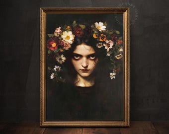 Dark Renaissance Witch Art Print, Gothic Woman, Cottagecore Wall Art, Dark Academia Moody Painting, Witchy Gift, Pagan Girl Portrait 056