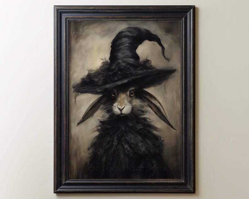 May include: A painting of a rabbit wearing a black witch's hat with a wide brim. The rabbit has brown fur and large, dark eyes. The background is a muted brown.