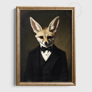 May include: A framed portrait of a fennec fox in a black tuxedo with a bow tie. The fox has large ears and a serious expression. The artwork is in a gold frame and has a vintage aesthetic.