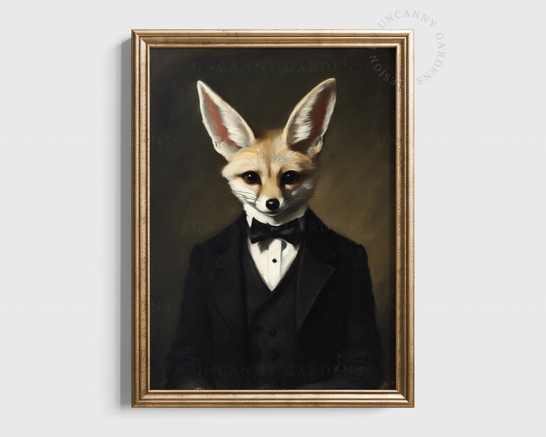 May include: A framed portrait of a fennec fox in a black tuxedo with a bow tie. The fox has large ears and a serious expression. The artwork is in a gold frame and has a vintage aesthetic.