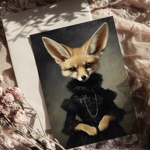 May include: A painting of a fennec fox wearing a black dress with a pearl necklace. The fox has large ears and a fluffy tail. The background is a dark, textured canvas.