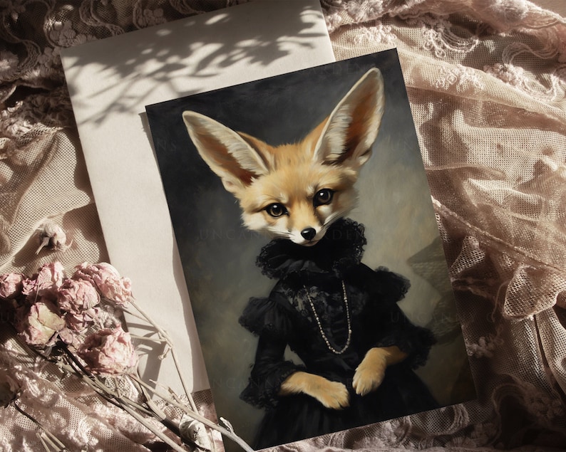 May include: A painting of a fennec fox wearing a black dress with a pearl necklace. The fox has large ears and a fluffy tail. The background is a dark, textured canvas.