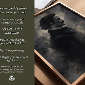 May include: A black and white portrait print of a man in a suit, framed in a light wood frame. The print is titled "Museum quality prints delivered to your door!" and includes the text "Fine art matte paper, Archival gicl&eacute;e inks, *FRAME IS NOT INCLUDED, Smooth local shipping (from USA, UK & EU), Safe & eco packaging, Free shipping on US orders $35 & up, Please read item details or message me if you have any questions or concerns."