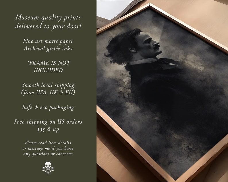 May include: A black and white portrait print of a man in a suit, framed in a light wood frame. The print is titled "Museum quality prints delivered to your door!" and includes the text "Fine art matte paper, Archival gicl&eacute;e inks, *FRAME IS NOT INCLUDED, Smooth local shipping (from USA, UK & EU), Safe & eco packaging, Free shipping on US orders $35 & up, Please read item details or message me if you have any questions or concerns."