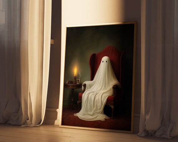 額装品/Ghost of/メリケ・エストナ/アート/ポスター/インテリア Ghost Sitting on a Chair, Game Room Decor, Art Poster Print, Dark