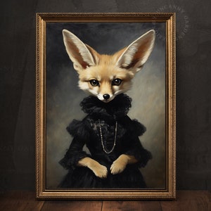 May include: A painting of a fennec fox wearing a black lace dress and a pearl necklace. The fox is looking directly at the viewer with a serious expression. The painting is framed in a gold frame.