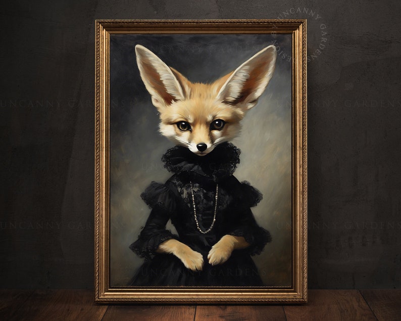 May include: A painting of a fennec fox wearing a black lace dress and a pearl necklace. The fox is looking directly at the viewer with a serious expression. The painting is framed in a gold frame.