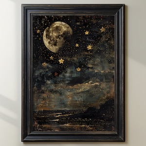 May include: A framed painting of a moon and stars against a dark blue and grey sky. The moon is full and white, and the stars are gold. The sky is painted with a textured, abstract style.