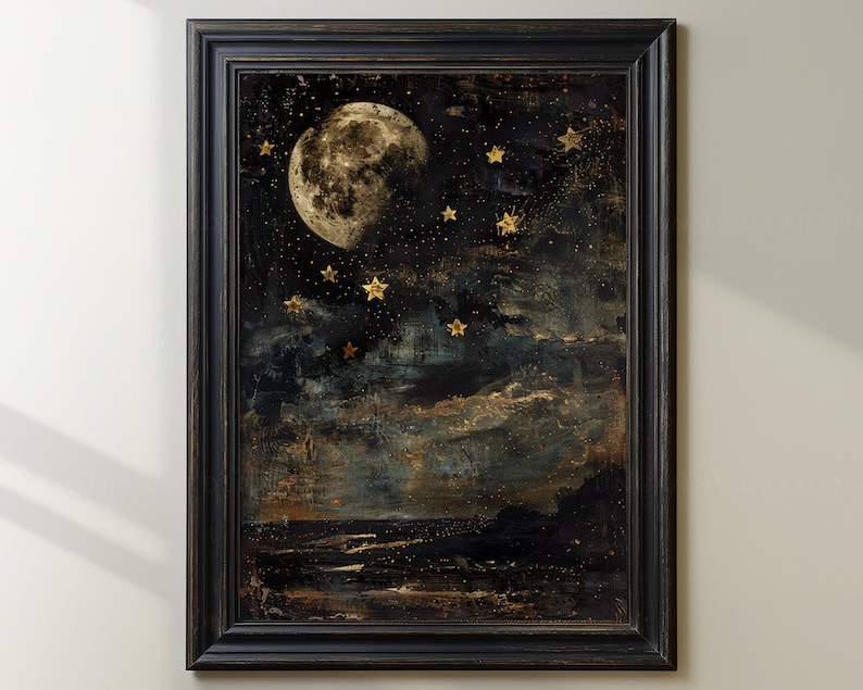 May include: A framed painting of a moon and stars against a dark blue and grey sky. The moon is full and white, and the stars are gold. The sky is painted with a textured, abstract style.