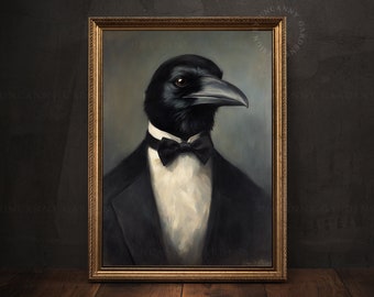 Victorian Crow Gentleman Art Print, Gothic Crow Wall Art, Whimsy Goth Home Decor, Vintage Raven Poster, Raven Painting, Dark Academia AD99