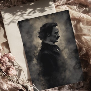 May include: A black and white portrait of Edgar Allan Poe, a famous American author, with a dark background and a smoky effect. The portrait is in profile, and Poe is looking to the right. The text "Edgar Allan Poe" is visible at the bottom of the image.