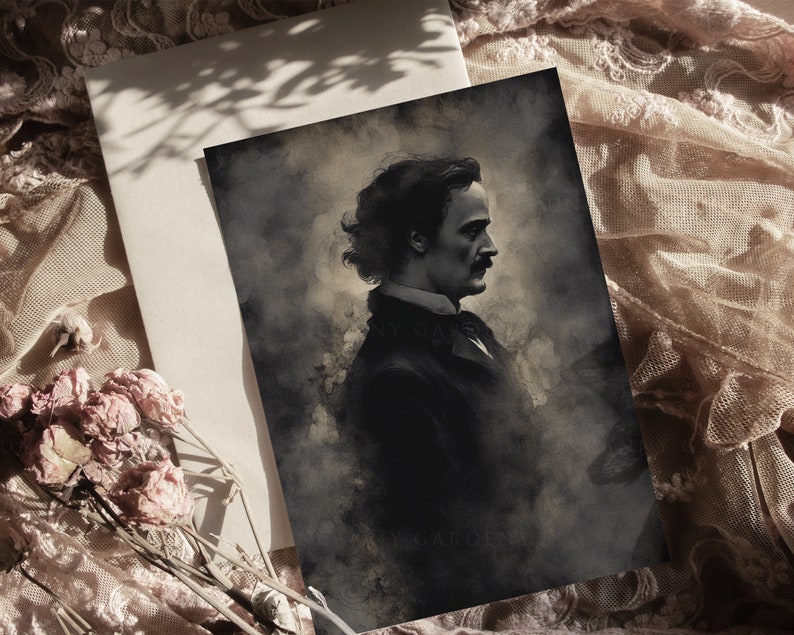 May include: A black and white portrait of Edgar Allan Poe, a famous American author, with a dark background and a smoky effect. The portrait is in profile, and Poe is looking to the right. The text "Edgar Allan Poe" is visible at the bottom of the image.