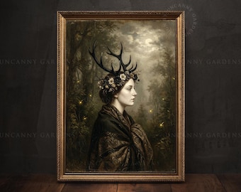 Mystic Forest Muse, Witch Art Print, Fantasy Forest Art, Dark Cottagecore Decor, Ethereal Woman Portrait, Moody Pagan Art Print, 512