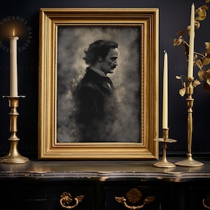 May include: A framed black and white portrait of a man with a mustache and beard. The portrait is set against a dark background with a smoky effect. The frame is gold and ornate.