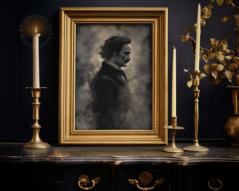 May include: A framed black and white portrait of a man with a mustache and beard. The portrait is set against a dark background with a smoky effect. The frame is gold and ornate.