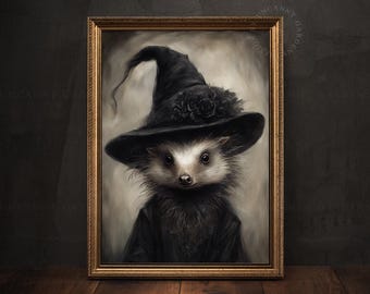 Halloween Hedgehog Art Print, Halloween Witch, Dark Cottagecore Print, Dark Academia Decor, Whimsigoth, Whimsical Animal Painting 210
