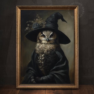 Dark Forest Owl Witch Art Print, Witchy Decor, Dark Cottagecore Poster, Gift for Witch, Vintage Halloween Art Witchy Animals Room Decor AD28