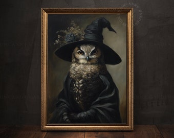 Dark Forest Owl Witch Art Print, Witchy Decor, Dark Cottagecore Poster, Gift for Witch, Vintage Halloween Art Witchy Animals Room Decor AD28