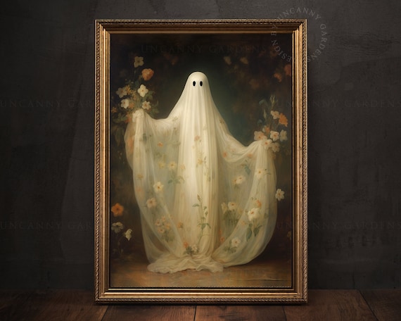 Romantic Floral Ghost Portrait, Whimsical Decor, Vintage Poster