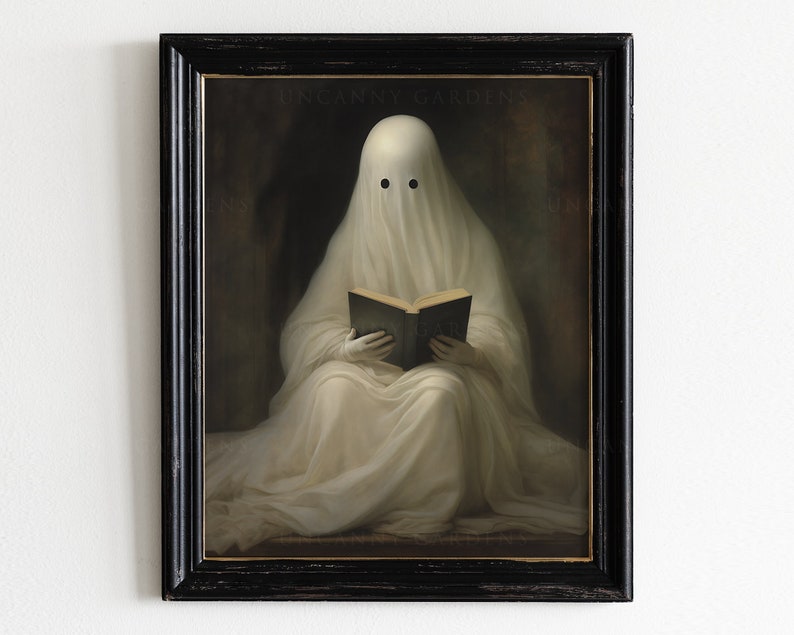 May include: A framed print featuring a ghost draped in white fabric, reading a book. The ghost has two black eye holes. The print is in a black frame with the text "Uncanny Gardens" at the top. The overall theme is spooky and literary.
