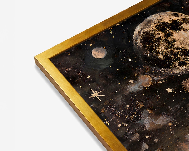 May include: A framed painting of a dark night sky with a large, full moon and smaller moon in the upper left corner. The sky is filled with gold glitter and stars.