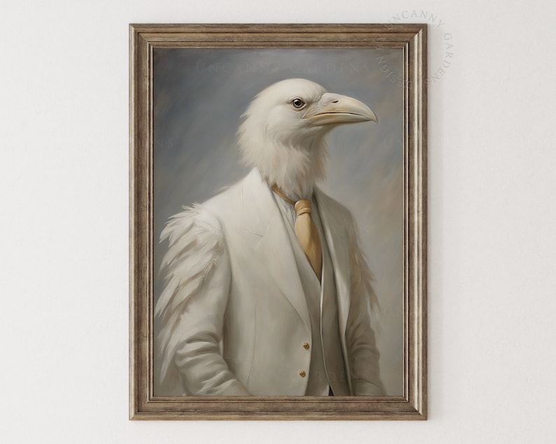 K&ouml;nnte beinhalten: Ein wei&szlig;er Vogel, der einen wei&szlig;en Anzug und eine gelbe Krawatte tr&auml;gt. Der Vogel hat einen ernsten Ausdruck und schaut nach rechts. Das Gem&auml;lde ist in einem braunen Rahmen.
