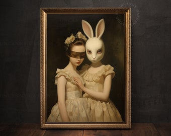 Silent Companions, Surreal Art Print, Gothic Aesthetic Home, White Rabbit Head Girl Portrait, Dark Fantasy, Victorian Symbolic Poster M27