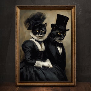 Elegant Victorian Gothic Cats Couple Portrait, Mr & Mrs Cat Painting, Gothic Prints, Dark Academia Art, Anthropomorphic Animals Art AD113