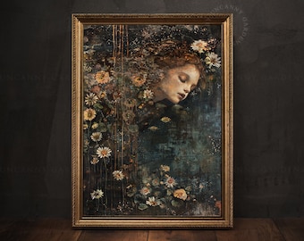 William Shakespeare Ophelia Moody Dark Romantic Academia Wall Art Print, Victorian Gothic Home Decor Cottagecore Classic Oil Paintings M004