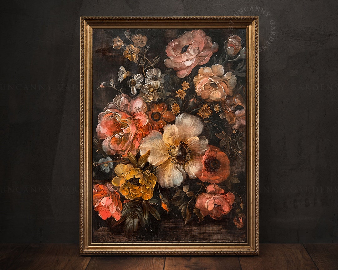 Vintage Floral Bouquet Art Print, Dark Botanical Wall Art, Antique Oil ...