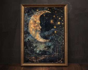 Moon & Stars, Celestial Witch Wall Art Print, Dark Academia Decor, Abstract Sky Art, Vintage Moon Face Oil Painting, Maximalist Wall Art C5